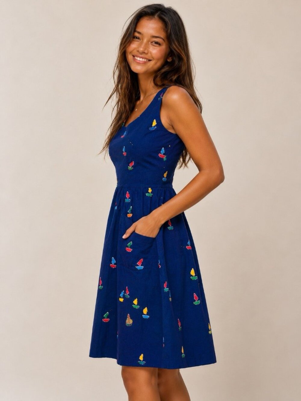 Vintage 80s Malia Honolulu Fit & Flare Floral Print Midi Dress Blue Size 6